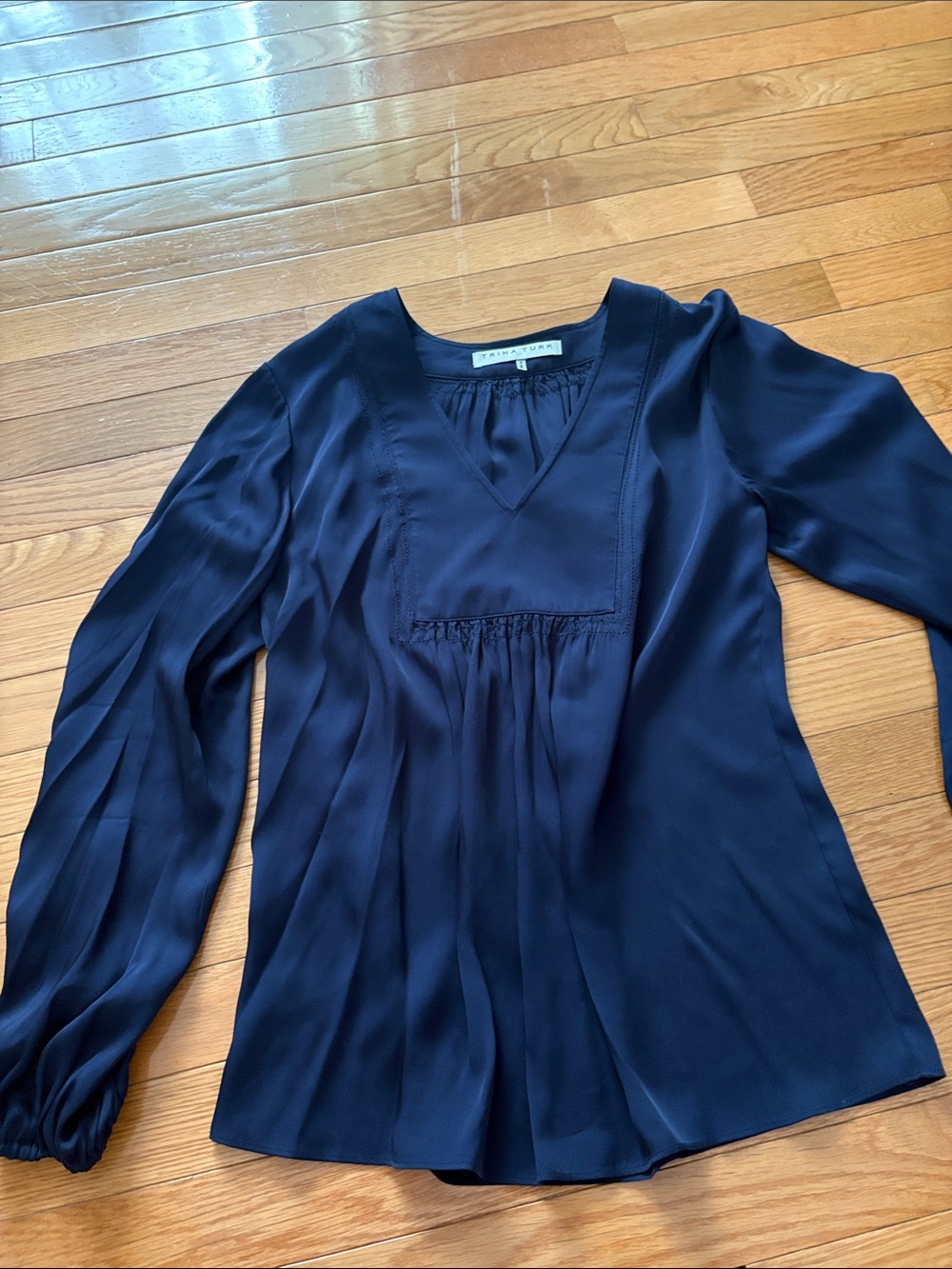 Trina Turk Navy Blue Silk Long-Sleeve Pleated Blouse